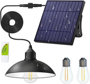 Outdoor Light with 4000mAh Solar Panel Warm/White Dimmable with Remote, Solar Powered Hanging Barn Light with Remote for Shed