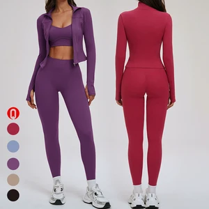 Women's Three-Piece Yoga Set Solid Color Sports Wear Elastic Waist Leggings Front Zipper Gym Jacket Sports Bra Workout Sets