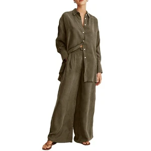 Women Oversized Fit Collared Neckline Centre Front Contrast Buttons Long Cuff Detail Side Splits 100% Cupro Shirt and Pants Set