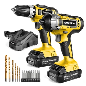 GreatStar Tool Set 2pc 20V Cordless Drill Combo Kit, Drill Driver and Impact Driver With 2x 2.0Ah Batteries