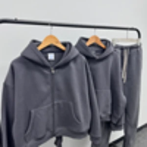 Free Sample Street Wear Oversized Pullover Custom Sweat Shirt Blank Plain Zip Up Boxy Cropped Fit Hoodie And Sweatpants Set Men