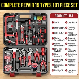101pcs Household Hardware Manual Tool Set for Electrician & Woodworking Repair with Plastic Carrying Case