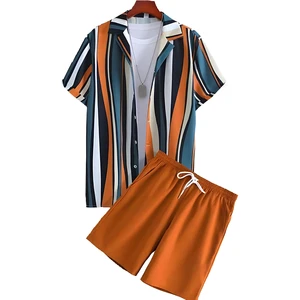 Custom Summer Beach Suits Men's Casual 2 Piece Set Short Sleeve Shirt + Shorts Loose Printed Elastic Waist Short Pants Terry