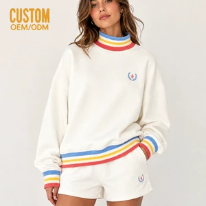 Custom Womens Varsity MockNeck Striped Rib French Terry Fleece Oversize Sweatshirt 2 Piece Set With Embroidery Shorts Casual Set