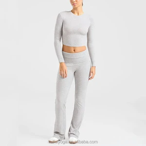 Activewear Cotton Loungewear Ribbed 2 Piece Fold Over Flare Pants Set Workout Long Sleeve Crop Top And Flared Legging Yoga Set