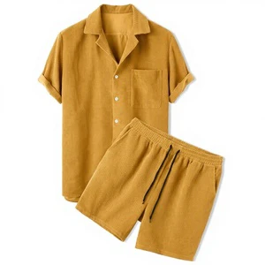 Custom OEM Summer Breathable High Quality Spandex/Cotton Men's Ribbed Set-Mustard Yellow Textured Short Sleeve Shirt Shorts