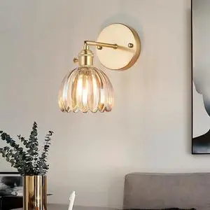 Japanese Retro Nordic Simple All-Copper Glass Amber Flower Single-Head Chandelier for Bedroom Bar for Milk Tea Wall Lamps