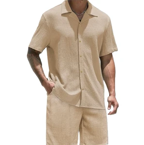 Men's Beige Textured 2 Piece Outfit Short Sleeve Camp Collar Shirt & Matching Shorts Summer Casual Tracksuit Set