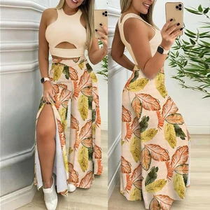 Spring Summer Sleeveless Vest Suit Set Women Slim Tight Hollow T-shirt+Wide Leg Split Pants Outfits Casual Loose Two Pieces