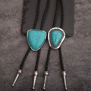 Western Turquoise Triangle Bolo Tie, Adjustable Braided Leather Cowboy Bolo Necktie For Men Women