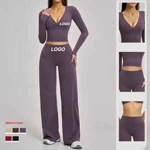 Quick Dry Stretch Yoga Set Long Sleeve Deep V Shirt Flare Pants Spandex Women's Activewear OEM Custom