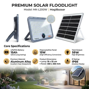 MK-L200W Solar Flood Light IP66 36-Hour Runtime 7000K GaN Fast-Charging LED Landscape Garden Remote Control Solar Light RoHS