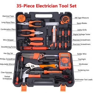 35-Piece Professional Electrician Tool Set with Carbon Steel Hand-Powered Multimeter Soldering Iron & Hard Case