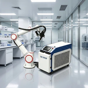 Automated MIG Welding Equipment Featuring a 6-axis Collaborative Industrial Robotic Arm Paired with a Laser Welding Machine.