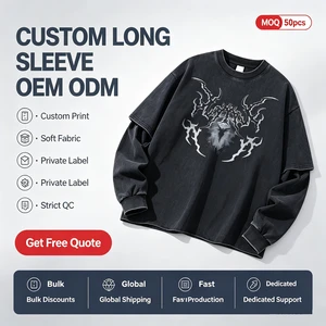 Vintage Washed Fake Two Piece Long Sleeve Tee Custom Gothic Print Streetwear Men Oversized Crewneck Sweatshirt OEM ODM Wholesale