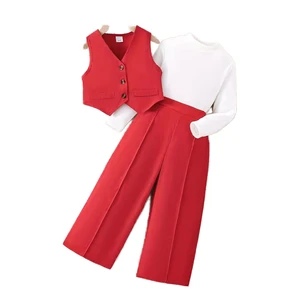 Custom Western-Style Daily Fashion for Girls Children's Casual Set with Long Sleeves Loose Wide Leg Pants Solid Pattern