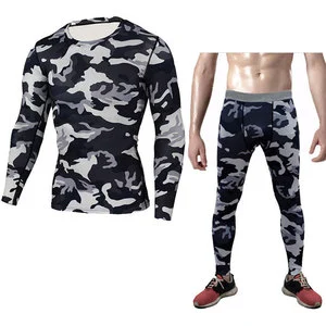 Men's Compression Camouflage Long Sleeve Top And Full Length Pants Set Sweat-Wicking Performance Activewear For Gym Exercise