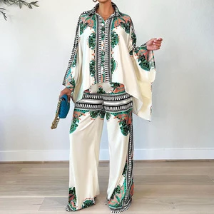 Spot ANSZKTN Summer New Leisure Printed Bat Sleeve Top Loose Pants Two-piece Set Female Casual Suits