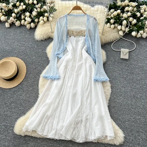 Ladies 2 Piece Set Flare-Sleeve Cover-Up Lace Trimmed Slip Dress Set Lightweight Summer Layered Outfit Two-Piece Suit