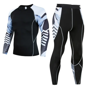 New Style Sporty Breathable Compression Tights and Long-sleeved Sports T-shirts Set for Men Autumn Skinny Fit
