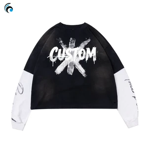 Mens Heavyweight Cotton Tshirt Luxury Oversized Custom Design Streetwear Boxy Dirty Wash Two-piece Set Of Long-sleeved T-shirts