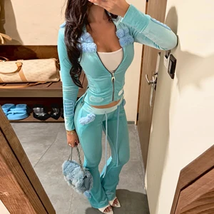 Wholesale Custom Y2K Vintage Velour Tracksuit Women Velvet Zip Up Hoodie And Flared Pants Sweatsuit Two Piece Lounge Sets