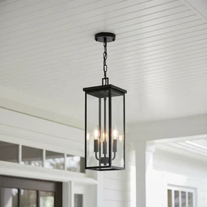 3-Light Black Iron Rectangle E12 Bulb Waterproof Adjustable Height Dimmable Outdoor Porch Front Door High Ceiling Pendant Lights