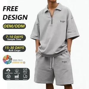 Premium Gradient Polo Shirt Set, Half Zip Short Sleeve Sweatshirt Top with Matching Shorts Custom Logo Casual Outfit