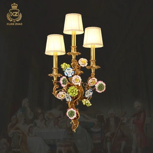 European Living Room Brass Fabric Wall Lamp French Classic Bedroom Bedside Lights Stairway Aisle Study Ceramic Flower Wall Light