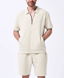Men Casual Full Zip 2 Pieces Short Sleeve Set Texture Solid Lapel Collar Cardigan Casual Athletic Workout Outfits With Pockets