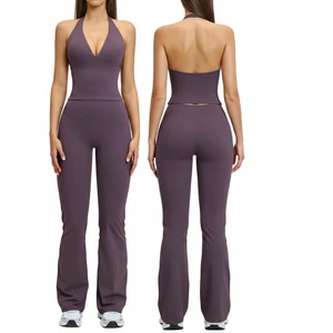 New Deep V Padded Vest Sleeveless Muscle Shirts Halter Neck Racerback Gym Tops Flare Pants Fitness Workout Yoga Suit Outfits