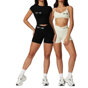 Solid Lightweight Elastic Waist Short Sleeve Gym Fitness Crop Top Sports Shorts 2-Piece Set High Waist Activewear Yoga Workout