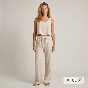 Custom Linen Lyocell Lounge Set Women Crop Tank Top Wide Leg Pant 2 Piece Summer California Cool 180GSM OEM S To 5XL