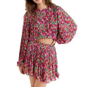 Customize Ladies Casual Long Sleeve Puff Sleeve Floral Pleated Bubbled 100% Polyester Eco-Friendly Summer Top and Skirt Suit
