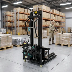 Light Duty Mini Electric Stacker Adjustable Forks Legs Compact Pallet Stacker For Truck Loading Unloading 300KG 1.6M