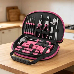 Handy 63 Piece Pink Tool Kit for Dorm Room DIY Assembly with Small Lightweight Case and Essential Household Tools