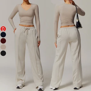 Hot Sale Activewear 2 Piece Yoga Suit Fitness Long Sleeve Crop Top And Sweatpants Workout Outfits Sets For Women