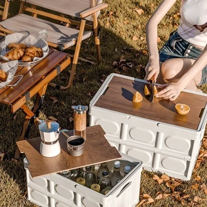 Multifunctional Outdoor Folding Storage Box With Wooden Lid Camping Plastic Collapsible Storage Containers