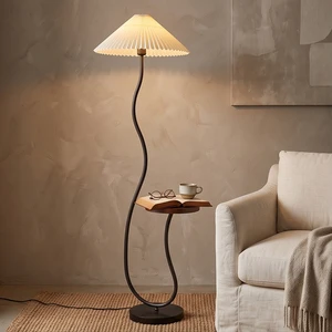 Modern LED Floor Lamp with Side Table Pleated Lampshade Curved Wavy Stand Ambient Light for Living Room Home Decor