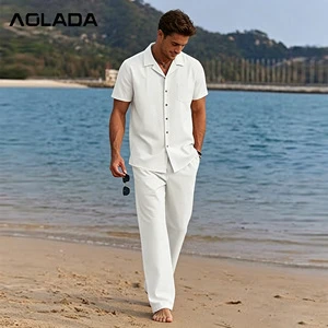 Custom Men's Breathable Knitted Comfortable Button Casual Short Sleeve Shirt Trousers Piece Set Beach Wear Essentials Sweats
