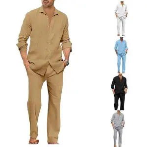 New European American Men's Summer Casual Suit Long Sleeve Stand Collar Shirt Cardigan 2-Piece Set 100% Bamboo