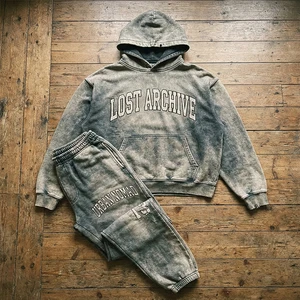 High Quality Disha H-290 Vintage Acid Wash 100% Cotton Winter Knitted Distressed Embroidered Solid Pattern Loose Fit Quick Sets