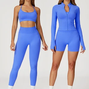 4513 Women Custom Fitness Wear High Waist Legging Sports Bra Jacket Set Wholesale Athletic Gym Workout Clothes Solid Yoga Sets