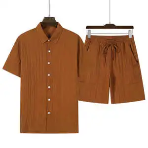 Men's Cotton Short Sleeve Shirt And Shorts Set Solid Color Turn-down Collar Casual Summer Outfit Breathable Woven Fabric