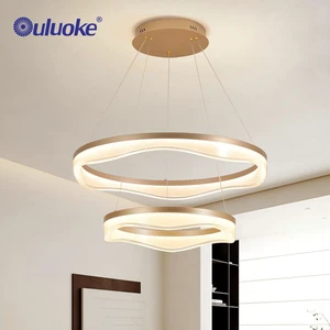 New Creative Gold 3 Color Temperature Dimmable Anti Glare Acrylic Wave Ring Living Room Home LED Pendant Light