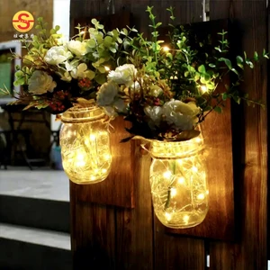 Set 2 Romantic Remote Control Decorative Hanging Mason Jar Light Garden Rustic LED Wall Lamps Flowers 20 LED Lights Stained