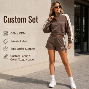 Wholesale Two Piece Set Womens Mocha Cotton Fleece Quarter Zip Up Cropped Sweatshirt Ivory Contrast Panel Casual Shorts Set