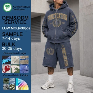 OEM Custom High Quality Zip Up Hoodie And Shorts Set Distressed Acid Wash Screen Printing Waffle Knit Long Sleeve Tracksuits Set