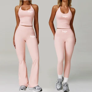 Women's Fitness Two-Piece Set High Waist Flare Yoga Leggings Casual Wear Gym Sports Workout Halter Neck Bra Set