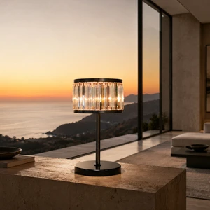 Elegant Drum Crystal Shade Table Lamp Anti Slip Round Black Base For Duplex Bedroom Nightstand Desk Lamp